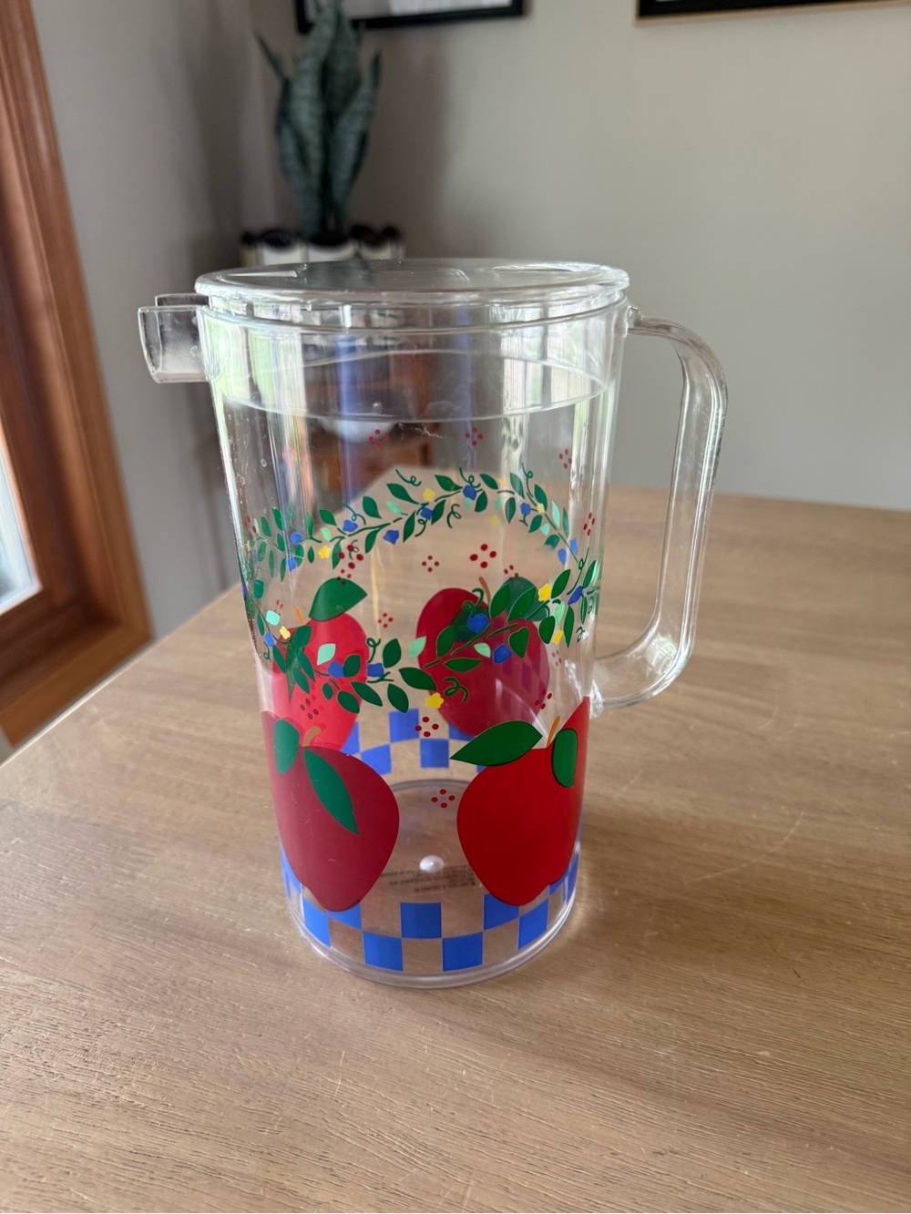 Vintage Y2K Clear Plastic Pitcher with Red Apple, Leaf and checkered Design
